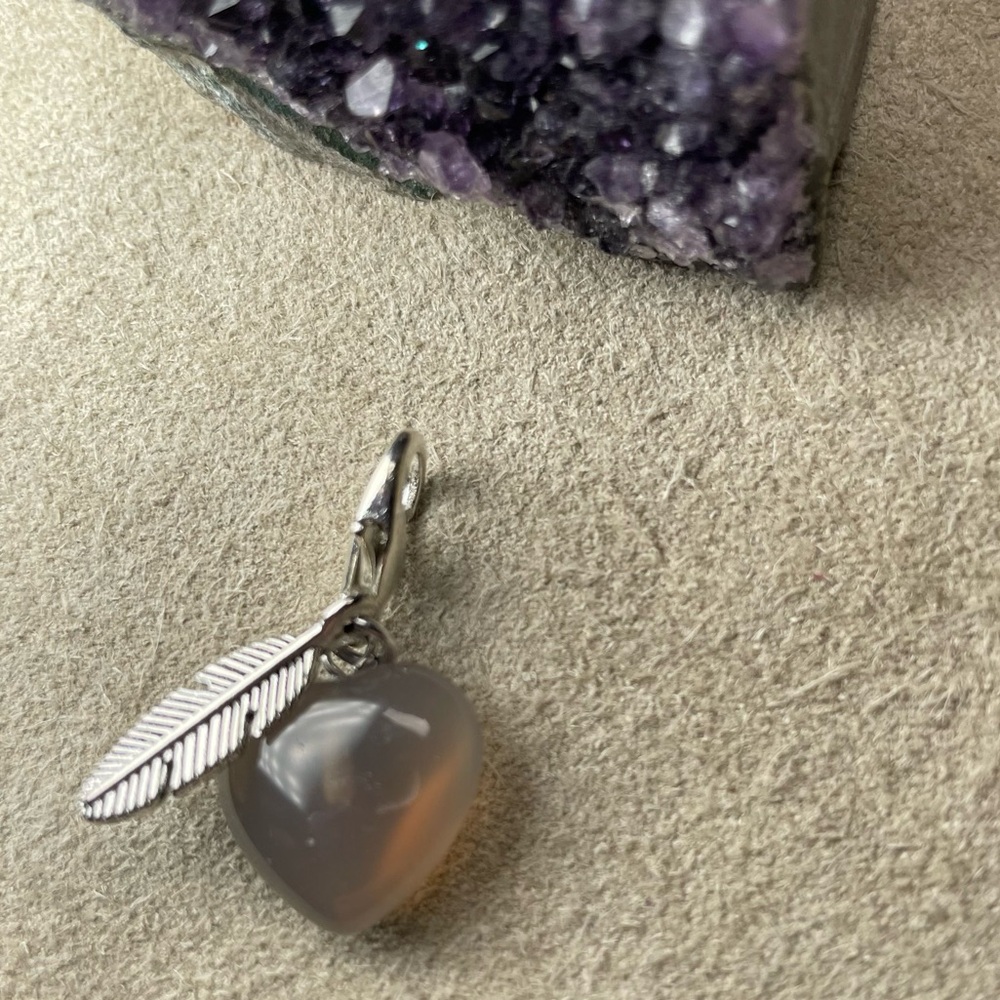 Smokey Quartz Heart Pet Collar Charm With Small Antique Silver Feather Charm - Picture 2 of 12